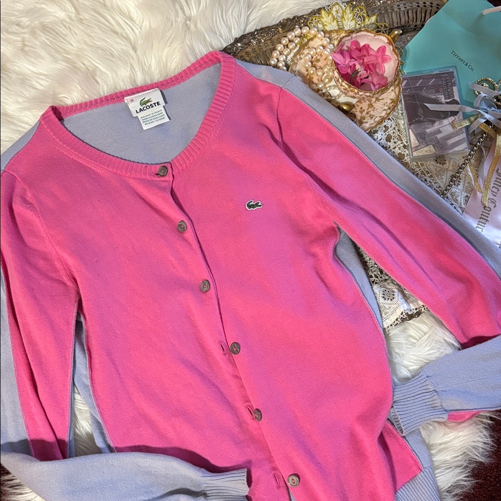 Lacoste Vintage Colorblock Button Up Cardigan Sweater Pink Purple Preppy S y2k